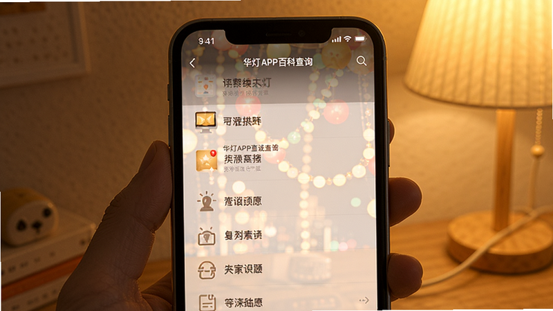 华灯APP百科查询界面,文字列表,暖色灯光,手机屏幕,简洁设计