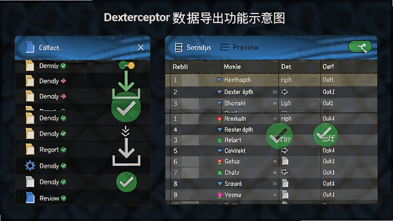 Dexterceptor数据导出功能示意图,展示文件列表和下载图标,表格数据预览,绿色成功状态标记,明亮色彩