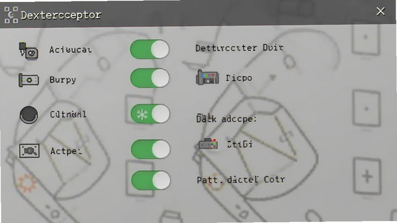 Dexterceptor设置菜单截图,展示开关按钮和配置选项,简洁图标,灰色背景,文字标签清晰