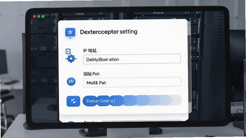 Dexterceptor代理设置页面,显示IP地址和端口配置,简洁表单布局,白色卡片式UI,图标突出,专业风格
