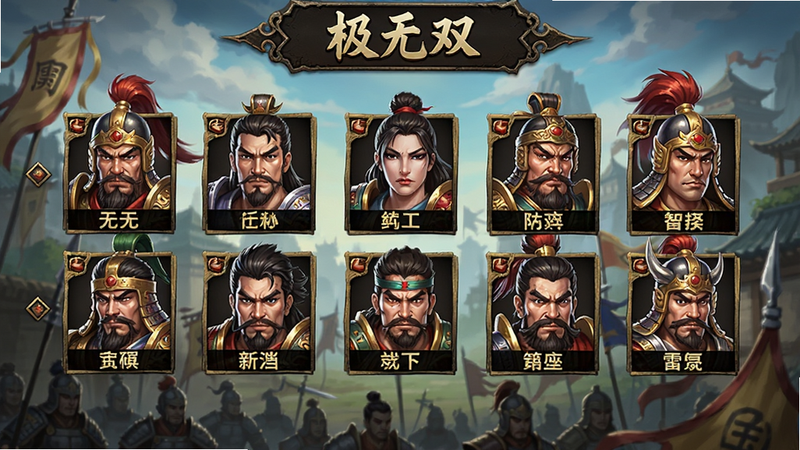 极无双角色选择界面,展示多个三国武将头像排列,背景为游戏主菜单风格,色彩丰富,细节清晰