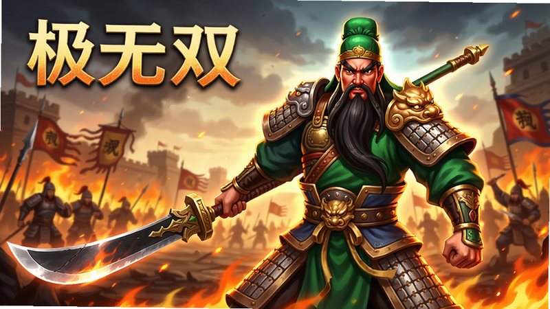 极无双游戏宣传海报,三国武将关羽持刀站立,背景为战场火焰,动作RPG风格,鲜艳色彩,高清画质,干净无多余元素