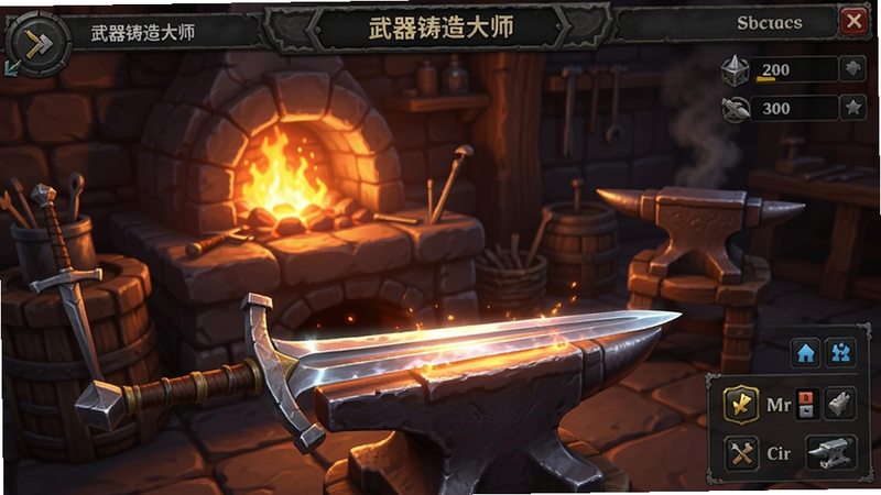 武器铸造大师游戏主界面预览图,背景为熔炉与锻造台,前景展示一把正在制作的长剑,UI元素清晰,风格写实,色彩鲜明