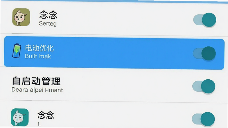 手机设置界面示意图,主体为安卓系统设置菜单,高亮显示“电池优化”与“自启动管理”选项,布局为列表式,风格为系统原生UI,细节展示开关按钮状态,画质清晰,干净,无多余元素,文字“念念”在应用列表中显示
