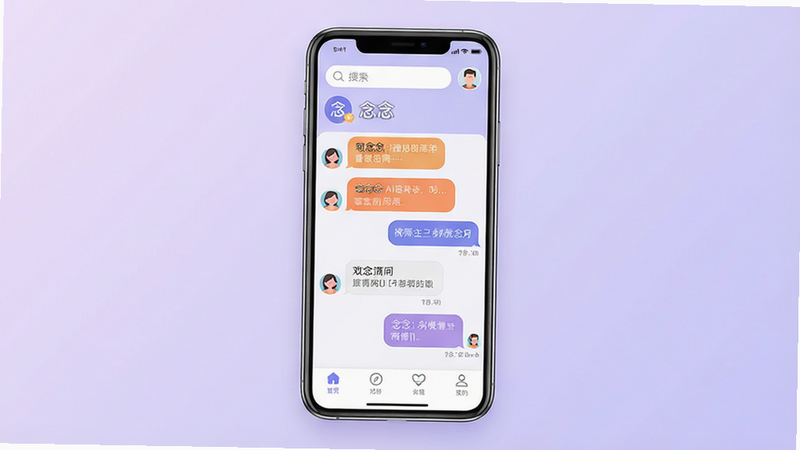 软件界面全景展示,主体为手机屏幕中央显示“念念”应用主界面,背景为柔和的淡紫色渐变,布局简洁清新,顶部为搜索栏与头像,中部为对话气泡区域,展示用户与AI的温馨对话场景,底部为功能导航栏,风格为现代扁平化设计,细节处体现科技感与亲和力,画质清晰,干净,无多余元素,文字“念念”清晰可见