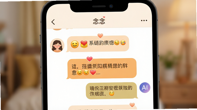 情感交互场景,主体为手机屏幕特写,显示“念念”应用内的对话界面,左侧为用户头像,右侧为AI头像,对话气泡中显示温暖安慰的话语,背景虚化以突出文字内容,布局对称平衡,风格温馨治愈,细节展示表情符号与爱心图标,画质高清,干净,无多余元素,文字“念念”作为应用名称在顶部标题栏显示