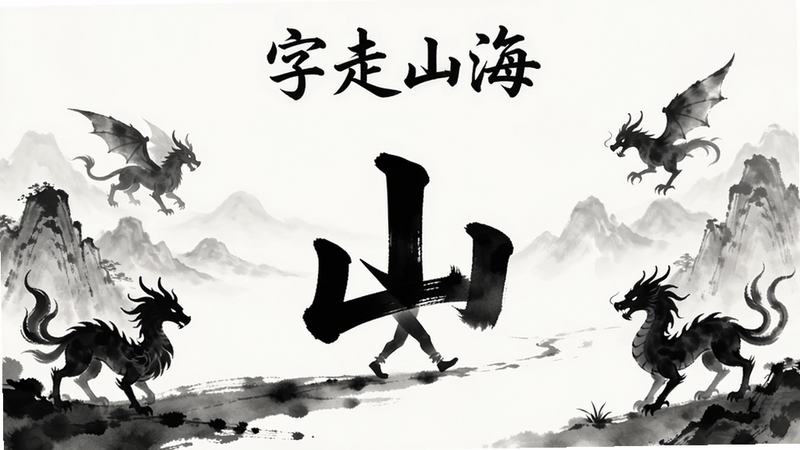字走山海游戏主界面,极简水墨风格背景,中央显示一个汉字“山”正在行走,周围有山海经风格的奇异生物剪影,布局居中,排版简洁,风格国风,细节清晰,画质高清,干净无多余元素,文字