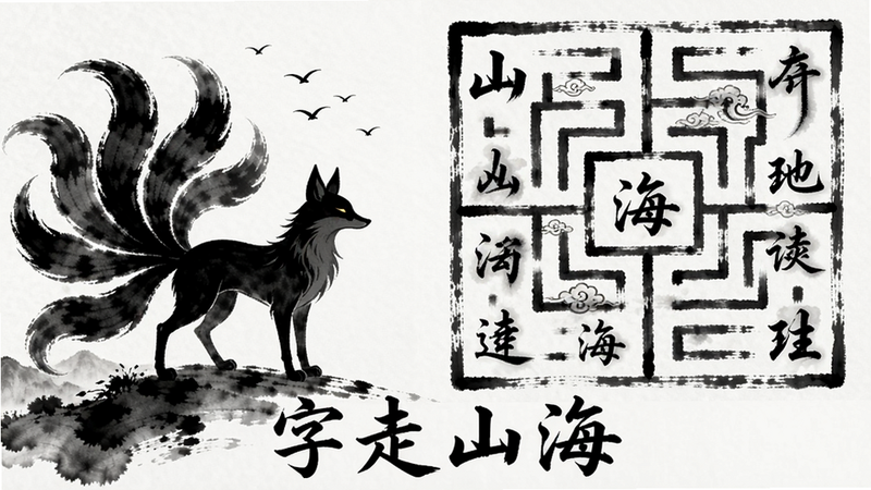 字走山海山海经场景,水墨画风格,一只九尾狐剪影在左侧,右侧是汉字迷宫,布局左右对称,排版艺术感强,风格奇幻,细节精致,画质高清,干净无多余元素,文字