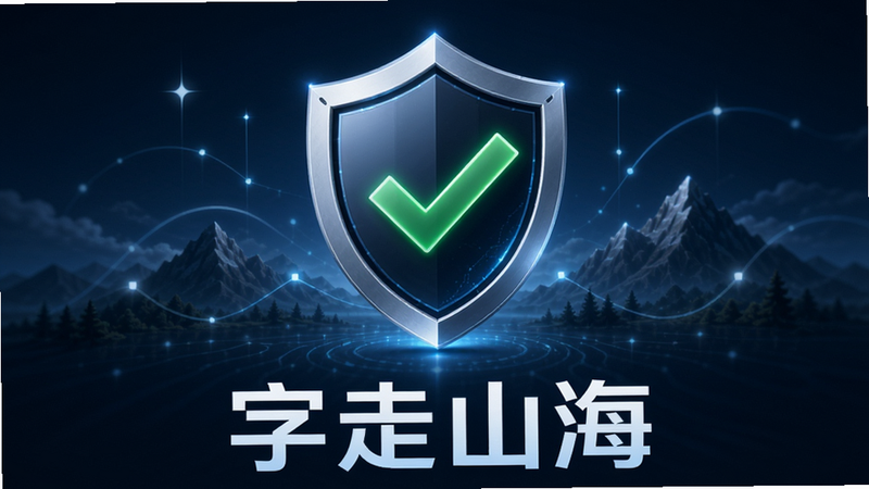 字走山海安全检测示意图,盾牌图标,绿色对勾,背景简洁,布局居中,排版现代,风格科技感,细节清晰,画质高清,干净无多余元素,文字
