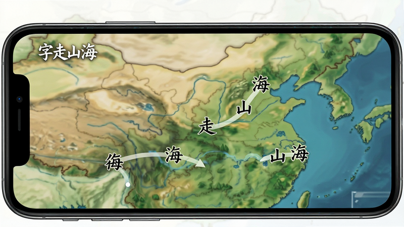 字走山海游戏运行画面,手机屏幕截图,显示汉字在地图上移动,界面简洁,布局紧凑,排版清晰,风格极简,细节丰富,画质高清,干净无多余元素,文字