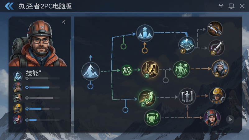 攀登者2PC电脑版 角色技能树界面,UI设计现代,主体为角色属性面板,布局规整,排版清晰,风格扁平化,细节丰富,画质干净,无多余元素,文字