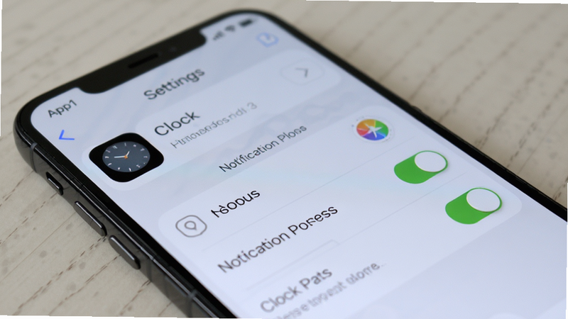 Smartphone settings screen showing notification permissions for a clock app, toggle switches enabled, clean interface, realistic phone mockup, high detail