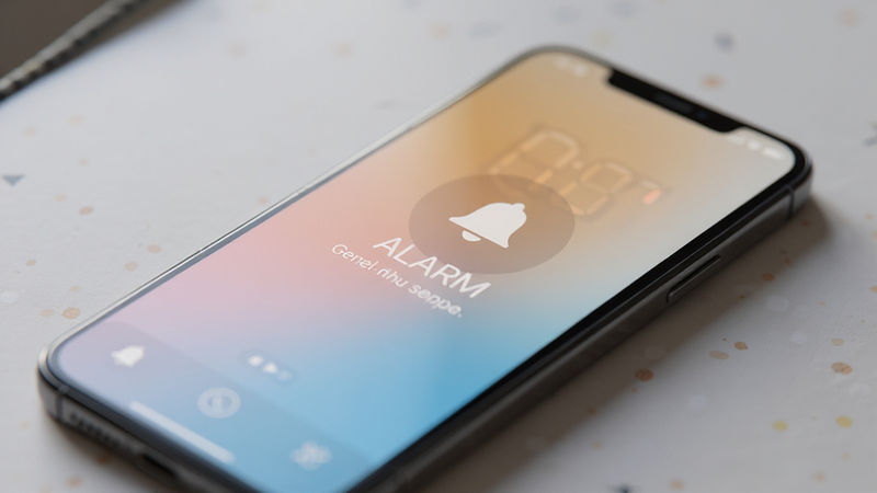 Smartphone displaying a gentle alarm notification, soft gradient background, subtle bell icon, calm atmosphere, modern mobile UI design, realistic render