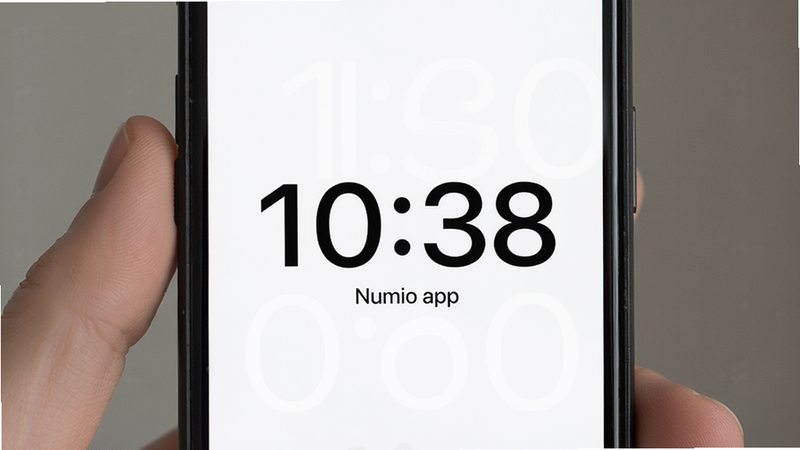 Clock by Numio app interface on a smartphone screen, minimalist design, clean white background with black text showing the time, modern typography, flat UI style, high resolution, 4k, realistic, no clutter, simple and elegant