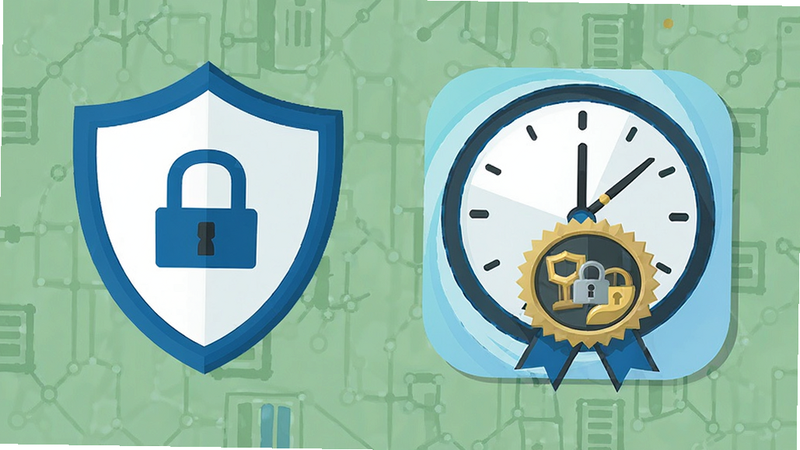 Security shield icon next to a clock app logo, trustworthy badge, clean design, vector illustration, minimal style