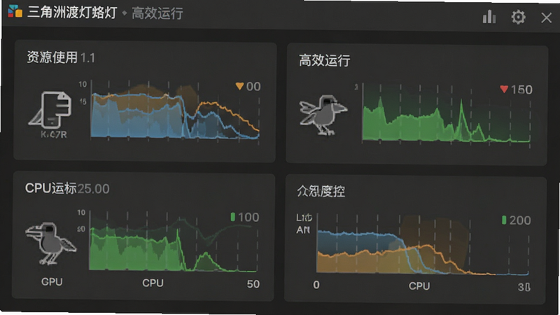 三角洲渡鸦路灯模拟器性能监控界面,展示简洁的资源使用统计图表,图标代表内存和CPU负载,背景为深灰色系统UI风格,文字清晰显示