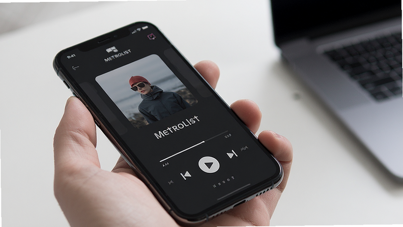 Metrolist app interface on a smartphone, clean minimalist design, music player controls visible, modern UI with dark mode option, high quality rendering, no text overlays