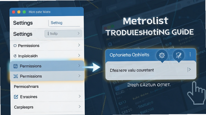Metrolist troubleshooting guide illustration, showing settings menu with highlighted permission options, clean UI