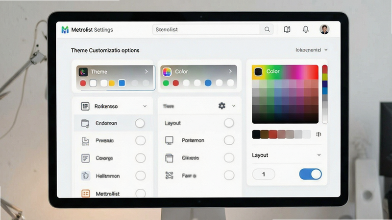 Metrolist settings screen showing theme customization options, color picker and layout toggles visible, modern UI design