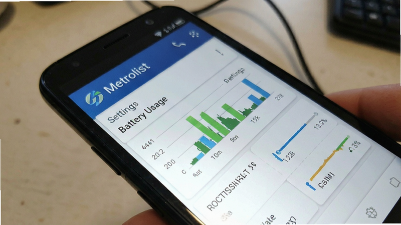 Metrolist app running on a low-end Android phone, showing battery usage stats in settings, lightweight interface
