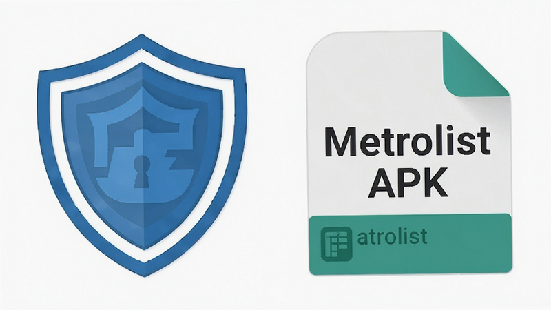 Security shield icon next to Metrolist APK file, clean white background, minimal design