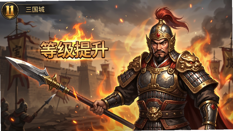 模拟三国城角色卡片展示,一位身穿铠甲的将军手持长矛,背景为火焰特效,文字显示“等级提升”,风格为游戏UI截图