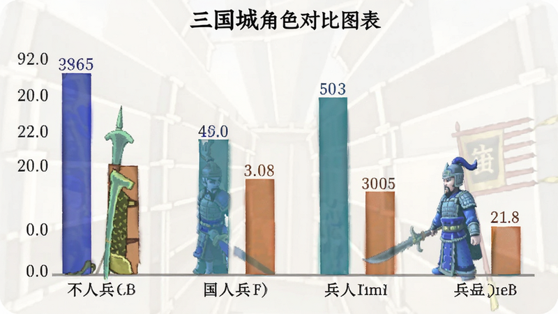 模拟三国城角色对比图表,条形图展示不同兵种伤害数值,风格为数据可视化