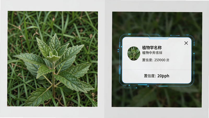 主体为Blophy识别功能演示图,左侧展示一张带有杂草背景的植物特写照片,右侧展示识别成功的弹窗,弹窗内显示植物中文名及置信度,背景为浅灰色,布局左右对称,风格科技感,细节清晰,高清