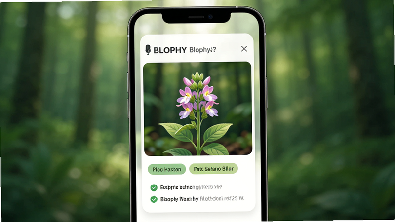 主体为Blophy手机应用界面,背景为柔和的绿色森林虚化场景,屏幕中央显示一株开花的植物识别结果卡片,卡片上方有清晰的植物名称,下方有分类标签和养护提示,界面风格扁平化,色彩清新自然,高清,无多余元素,干净
