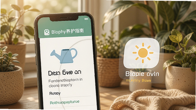 主体为Blophy养护指南界面,展示一个浇水图标和光照图标,旁边配有简明的文字建议,背景为温馨的室内植物角,光线柔和,布局紧凑,风格生活化,细节丰富,高清