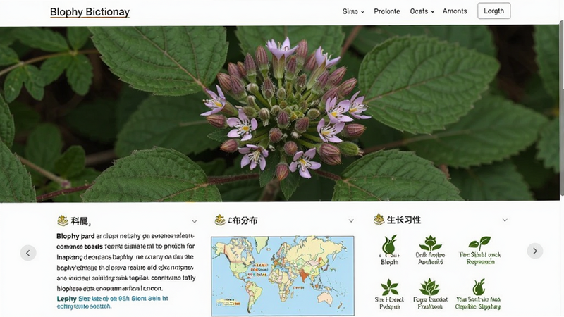 主体为Blophy百科页面截图,页面顶部为植物大图,下方滚动展示文字介绍,包括科属、分布地图插图和生长习性图标,排版整齐,字体清晰,风格学术与科普结合,高清,无水印