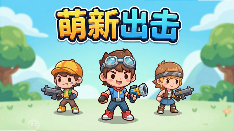 萌新出击游戏主界面截图,展示角色准备出击的场景,明亮色彩,卡通风格,界面简洁,包含