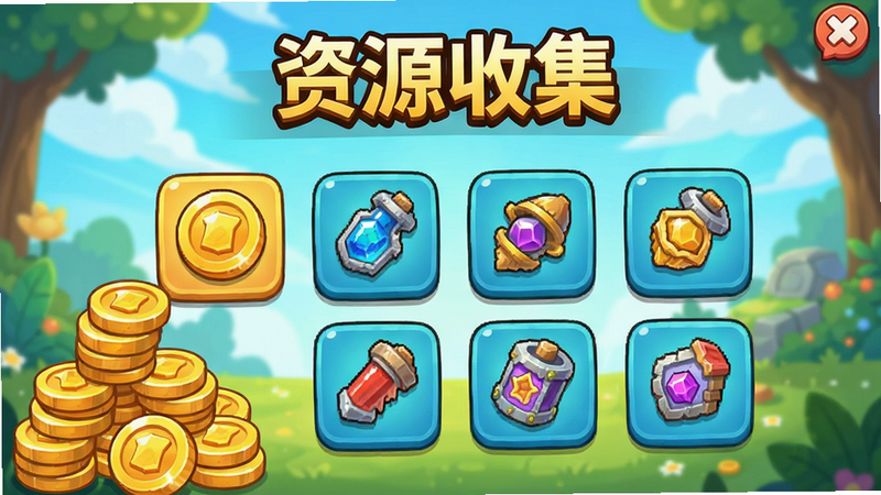 萌新出击资源收集界面,金币堆叠与道具图标,明亮背景,卡通风格,包含