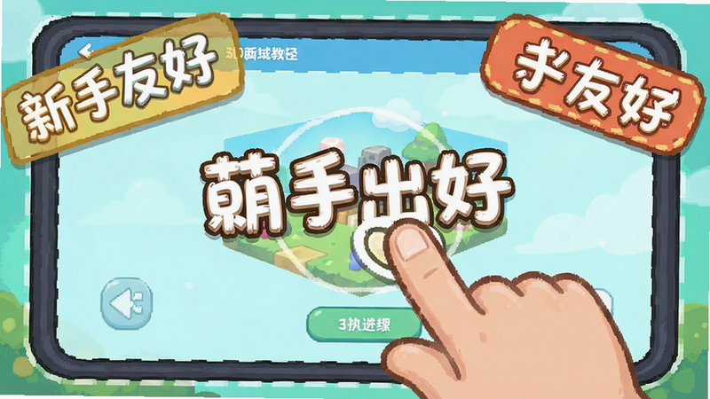 萌新出击新手教程界面,手指点击屏幕示意图,卡通风格,明亮色调,包含