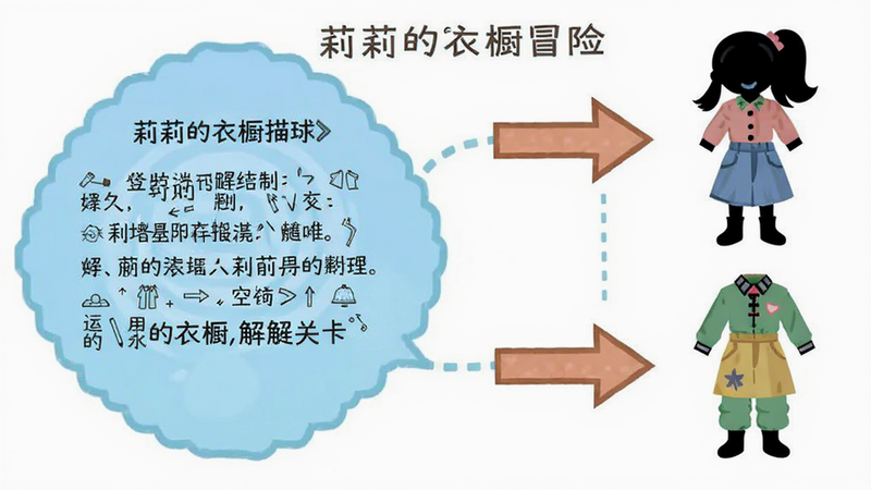 《莉莉的衣橱冒险》解谜关卡示意图,左侧是场景描述气泡,右侧是角色穿着对应服装的剪影,中间有箭头指示匹配关系,布局逻辑清晰,扁平化设计,风格清新,细节明确,画质干净,无多余装饰