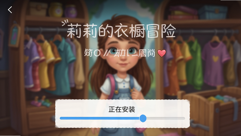 《莉莉的衣橱冒险》安卓手机安装界面截图,显示“正在安装”进度条,背景为模糊的游戏主视觉图,布局简洁,UI元素清晰,风格现代,细节准确,画质清晰,干净