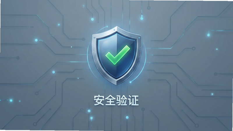 游戏登录界面,显示“安全验证”图标,布局居中,排版简洁,风格科技感,细节展示盾牌图标与对勾,画质清晰,干净无杂物