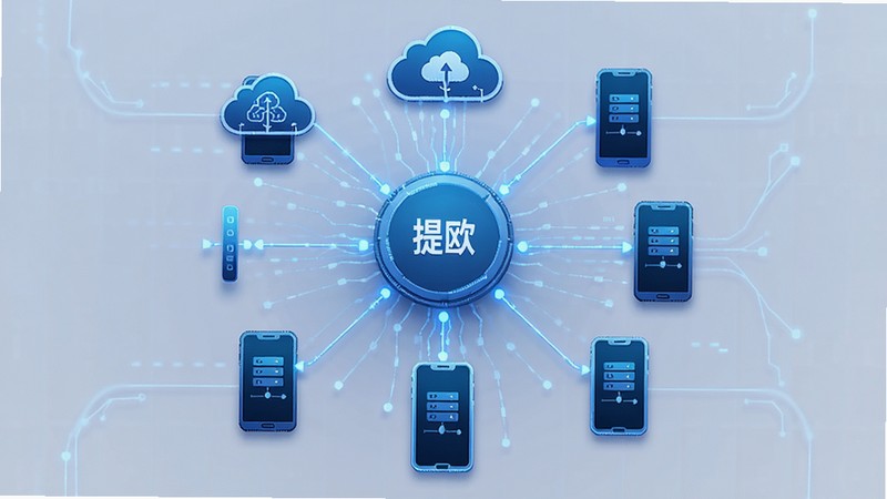 主体为提欧的数据同步流程图,布局为中心辐射状,排版对称平衡,风格为科技感蓝色调,细节展示云端图标与手机连接线条,画质精细,干净无干扰元素