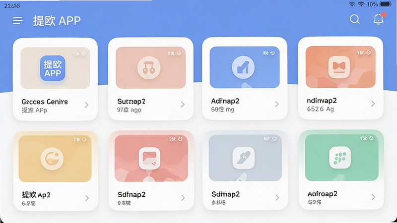 主体为提欧APP的主界面截图,布局采用卡片式设计,排版整洁有序,风格为现代扁平化UI,细节包含图标清晰、色彩柔和,画质高清,干净无多余元素