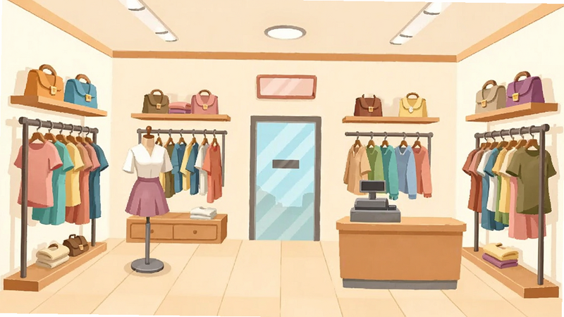开间服装店游戏宣传海报,主体为明亮温馨的服装店内部场景,布局对称平衡,排版清晰,风格卡通扁平化,细节包含衣架、模特展示与收银台,画质高清干净无多余元素