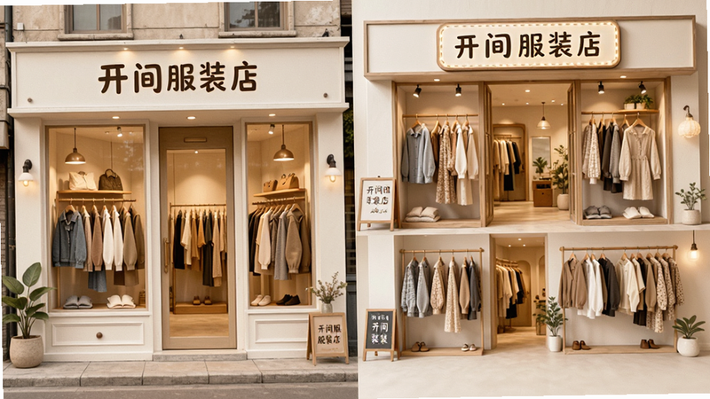 开间服装店店铺装修预览,主体为不同风格的服装店外观对比,布局并列展示,排版美观,风格温馨治愈,细节包含橱窗设计与招牌文字
