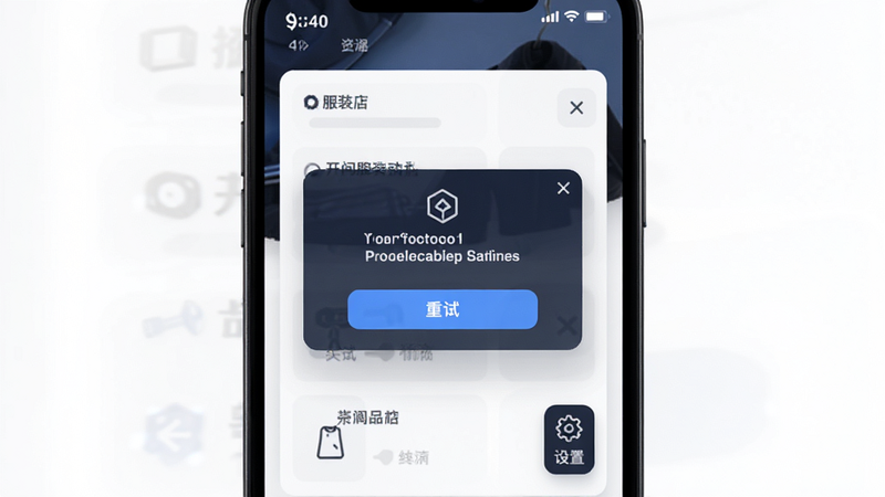 开间服装店 troubleshooting 界面示意图,主体为手机屏幕显示游戏启动失败弹窗,布局居中,排版简洁,风格技术感,细节包含