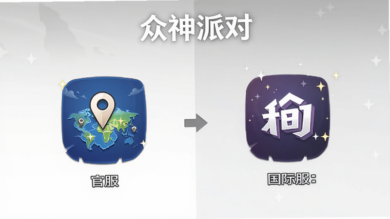 众神派对服务器选择界面,官服与国际服图标对比,地图标记,文字