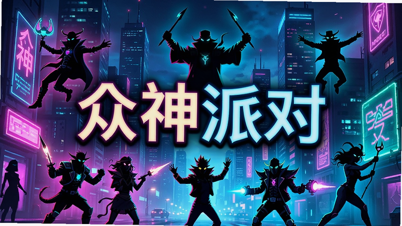 众神派对游戏宣传海报,现代都市背景,霓虹灯风格,角色剪影,动作姿态,高对比度色彩,赛博朋克元素,文字