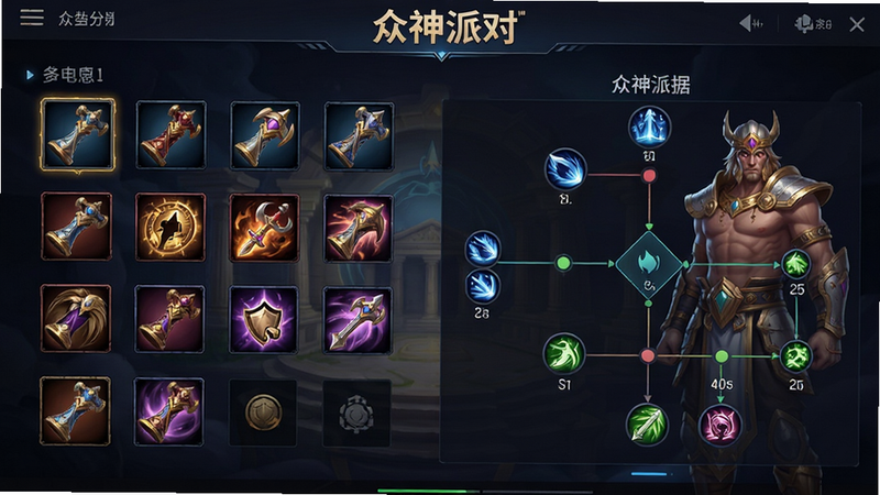 众神派对角色升级界面,装备图标排列,技能树可视化,角色立绘展示,数据数值清晰,现代UI设计,文字