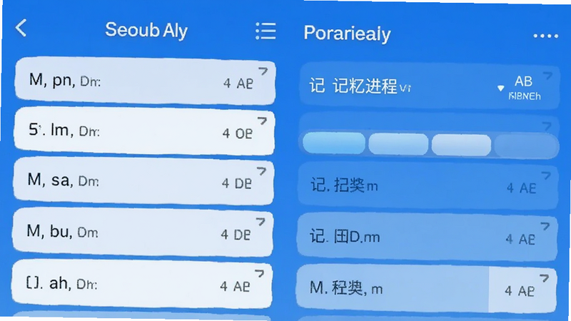 考研单词 App界面截图,展示单词列表与记忆进度条,蓝色背景,现代UI风格,文字清晰,无多余元素