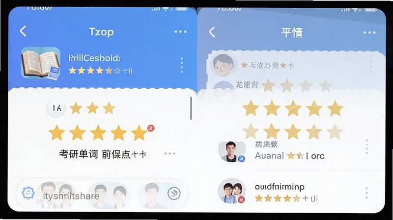 考研单词App用户评价截图,五星好评,简洁界面