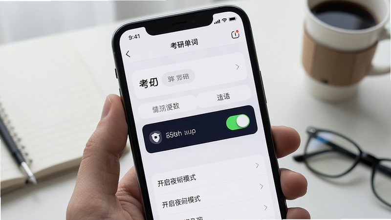 手机屏幕展示考研单词App设置界面,开启夜间模式开关,简洁布局