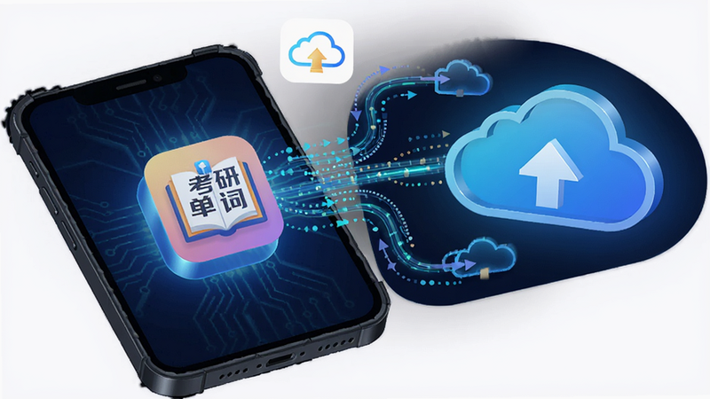 手机与云端同步示意图,考研单词App图标,数据流线条,科技感