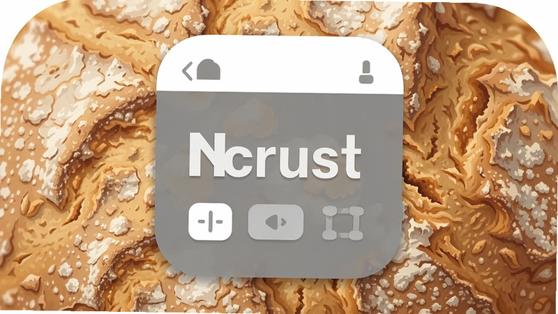 Ncrust app icon with crusty texture background, minimalist UI elements, flat design style, white and grey color palette, clean vector graphics, high resolution, no text